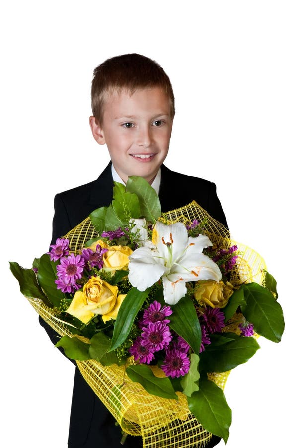 Young boy with flowers stock image. Image of giving, celebration 26351535