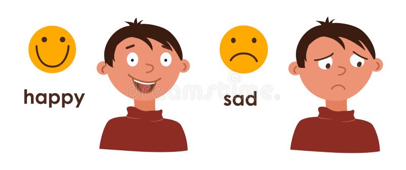 Young Boy with Good and Bad Mood. Change in Emotions, Joy, Sadness. Two  Cartoon Characters with Different Emotions and Emoticons Stock Vector -  Illustration of change, melancholy: 214294823