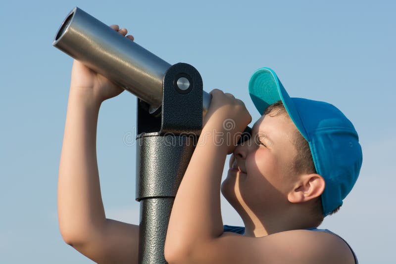 Young Child Or Boy Looking Through A Telescope Stock Image Image of
