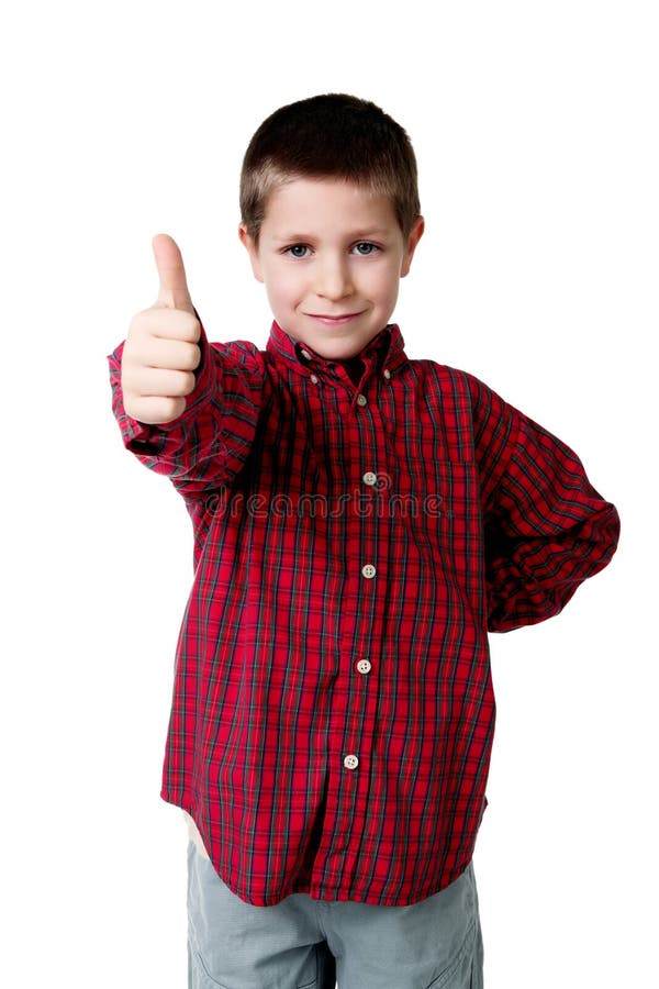 Young boy in plaid shirt giving thumbs up