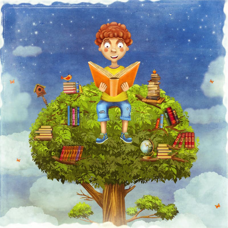 Young boy sitting on a tree and reads a book royalty free illustration Young boy sitting on a tree and reads a book royalty free illustration