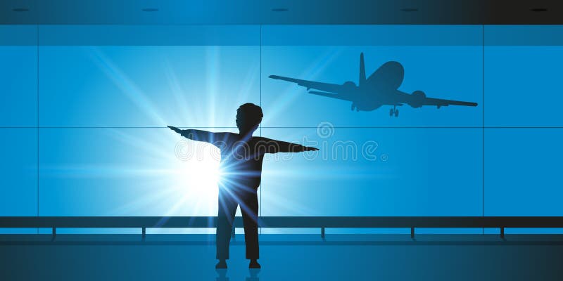 A young boy spreads his arms to emulate the wings of an airplane