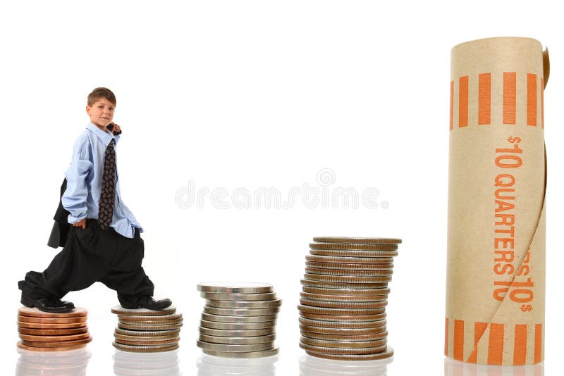 Young Boy in Suit Climbing Stacks of Money