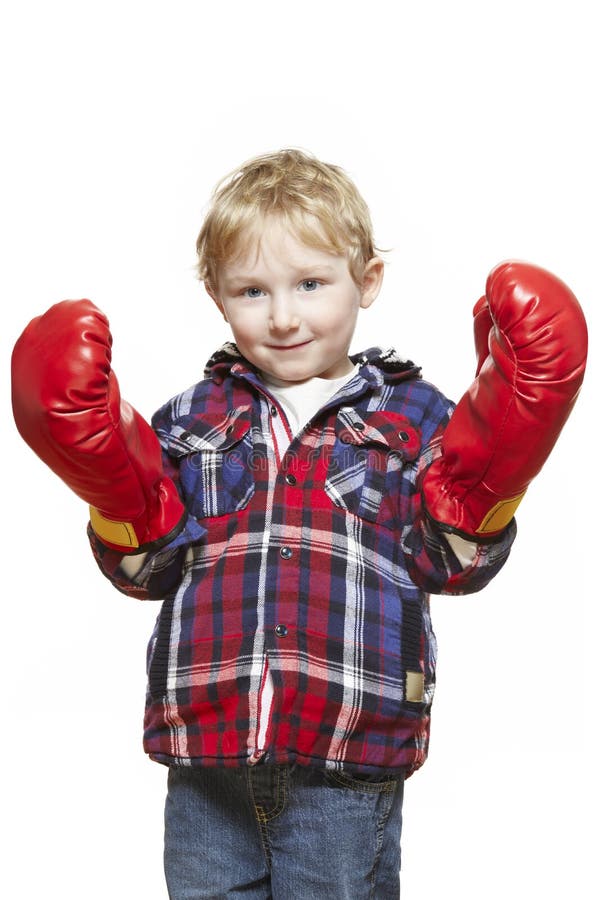 Young Boy Wearing Boxing Gloves Smiling Stock Image Image of joyfully