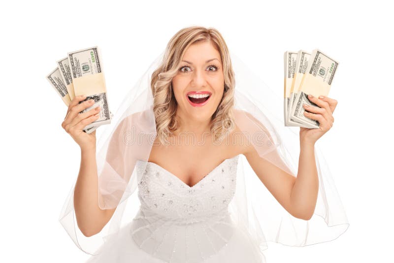 Young bride holding few stacks of money