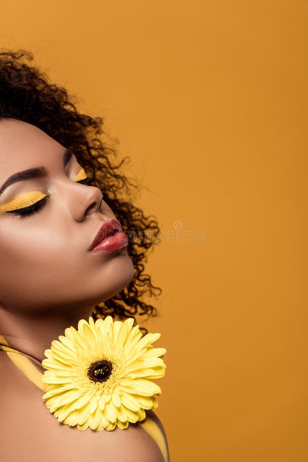 Young Bright African American Woman with Artistic Make-up Holds Yellow  Gerbera Flower Stock Photo - Image of beautiful, flower: 119809146