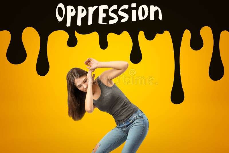 Young brunette girl wearing casual jeans and t-shirt protecting herself with hands from black OPPRESSION sign on yellow