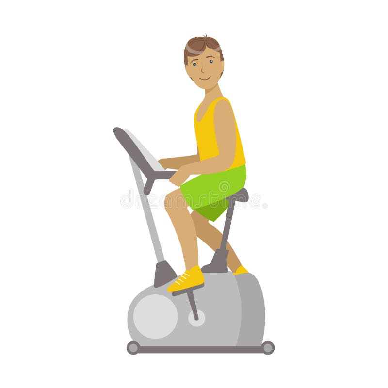 Young brunette male is working out in a cycling gym. Colorful cartoon character