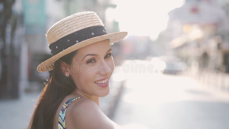 Young brunette stylish fashion woman holding hands with beautiful toothy smile