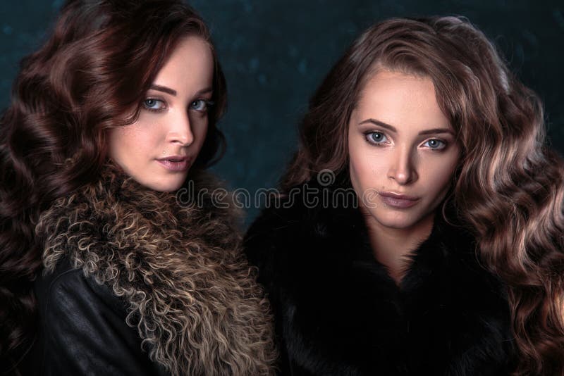 Young Brunette Woman with Curly Long Hair and Bright Makeup with Red ...