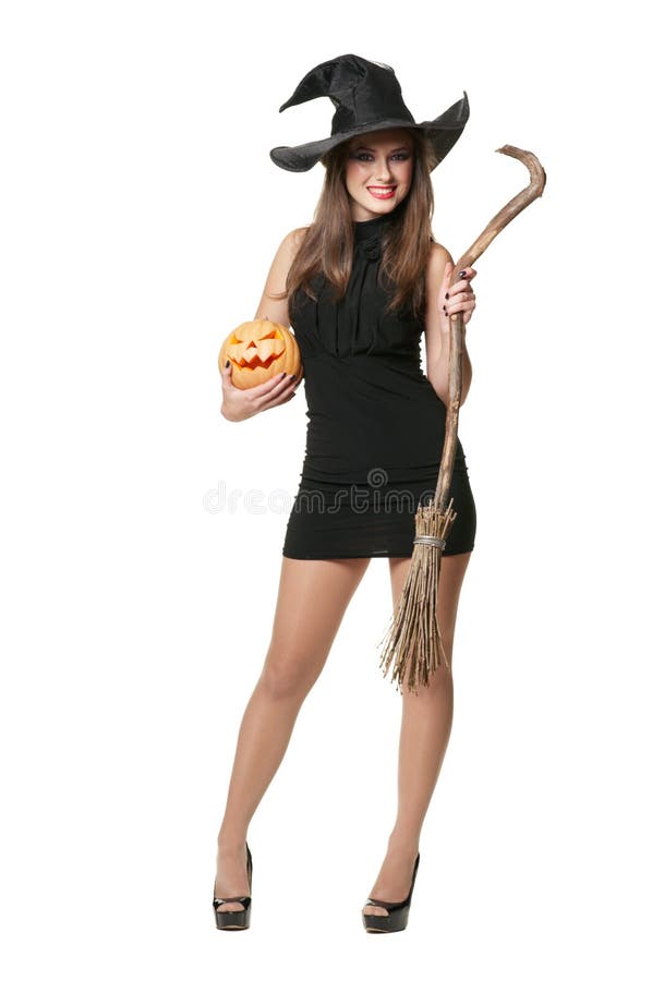 The Young Brunette Witch with a Broom Stock Photo - Image of girl ...