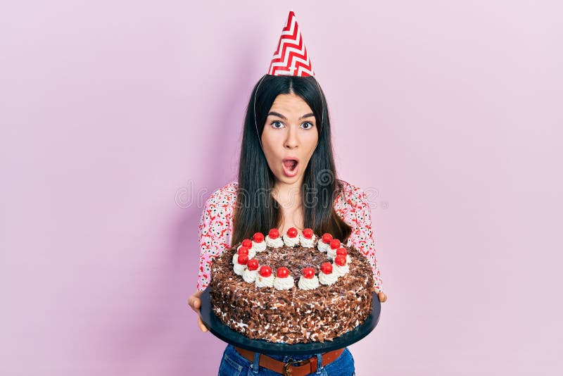 Young Brunette Woman Celebrating Birthday Holding Big Chocolate Cake ...