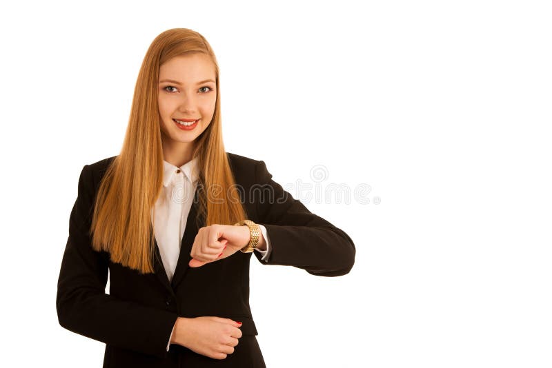Young busienss woman checkihg watch isolated over white background