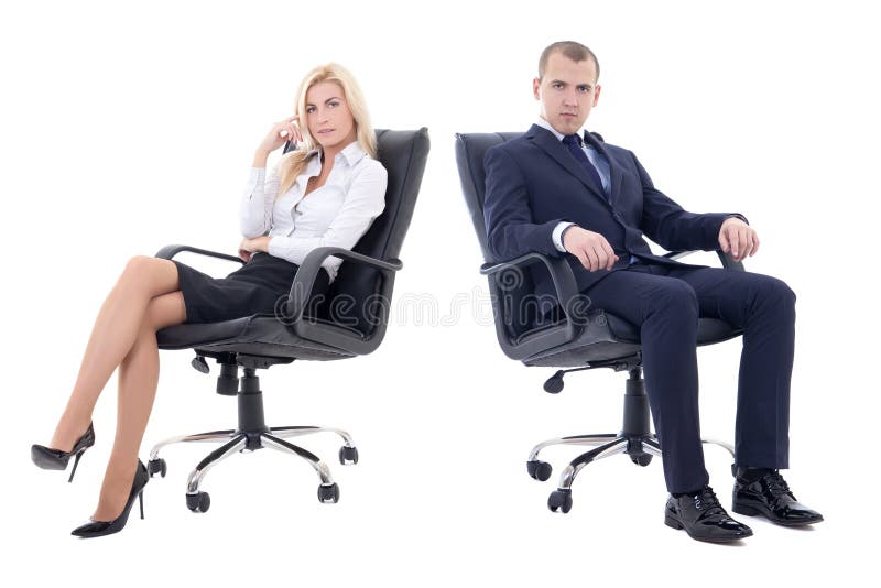 young business man and beautiful business woman sitting on office chairs isolated on white stock images young business man and beautiful business woman sitting on office chairs isolated on white stock images