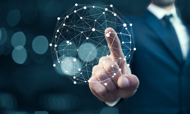 Young business man hand global network connection on bokeh background. Global network connection map stock images, royalty-free photos and pictures