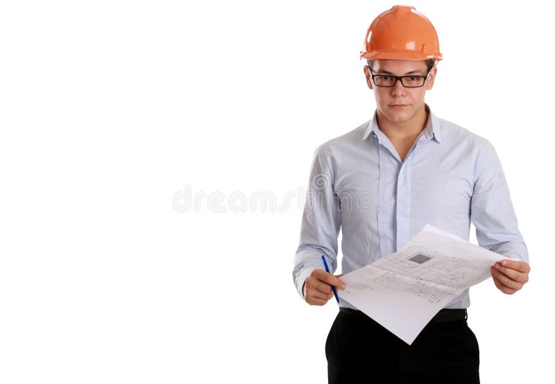 Young business man with helmet, isolated on white