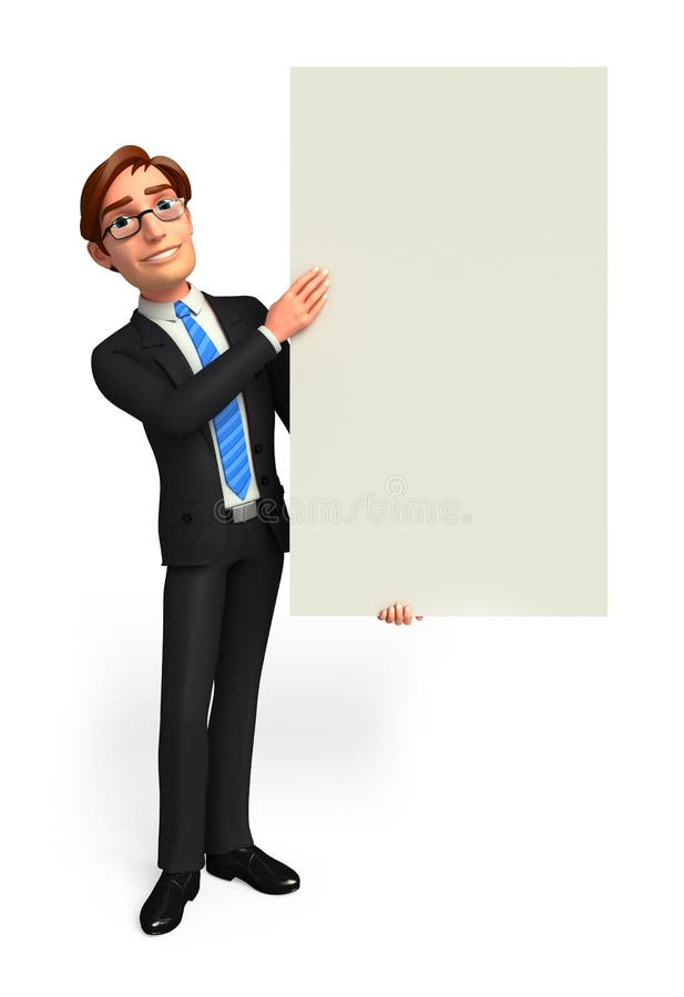 3D illustration of smiling creative man writing with a big pencil. Cute  cartoon bearded businessman drawing with a giant pen, isolated on white.  Stock Illustration
