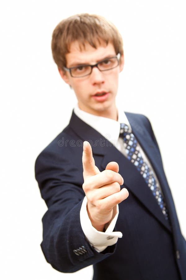 Young business man threaten whit finger