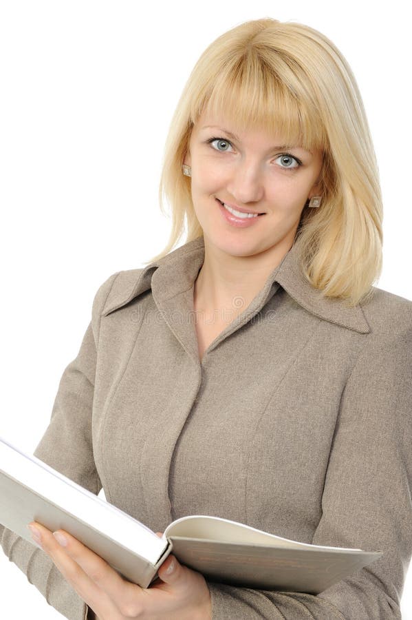 The young business woman with the book on a white