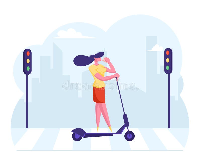 Young Business Woman in Casual Stylish Clothing Drinking Coffee, terwijl hij de elektrische scooter naar de werkplek leidt vector illustratie Young Business Woman in Casual Stylish Clothing Drinking Coffee, terwijl hij de elektrische scooter naar de werkplek leidt vector illustratie