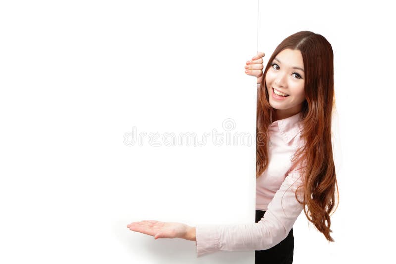 Young Business Woman Happy Showing blank billboard