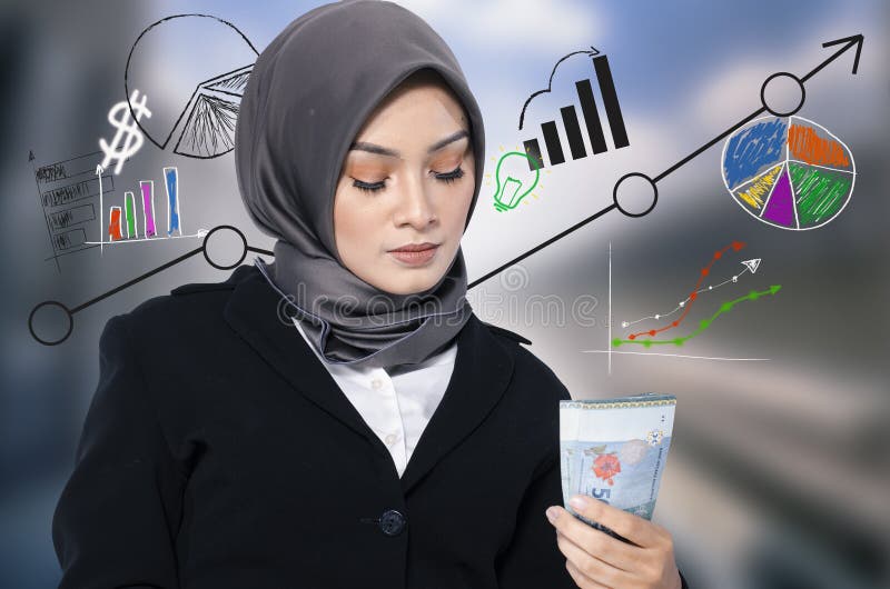 Young business woman holding bank note over abstract background with financial symbols