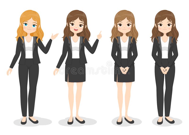 Young business woman in office clothes with different hand poses and color of hair. Flat cartoon girl in formal uniform.