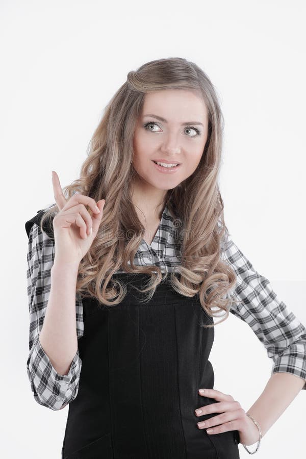 Young Business Woman Pointing Upwards At Copy Space Isolated In White