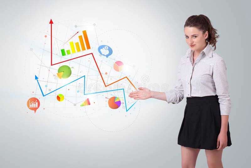 Young business woman presenting colorful charts royalty free stock photos Young business woman presenting colorful charts royalty free stock photos