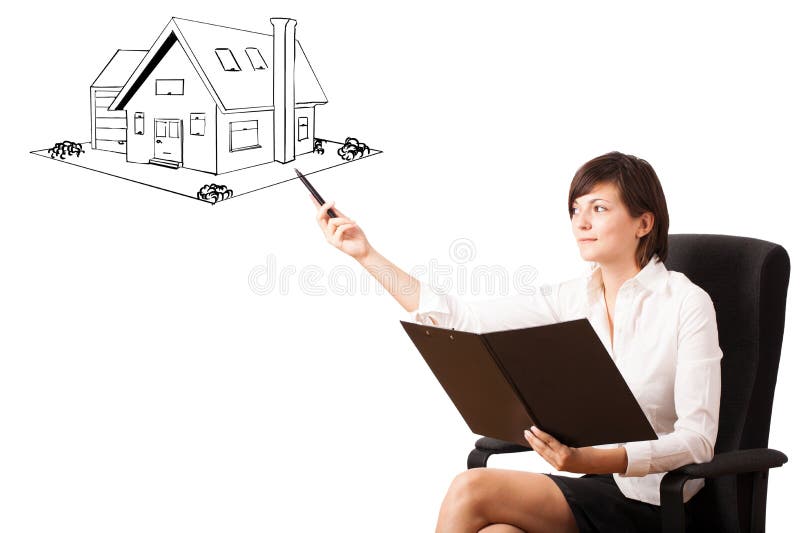 Young business woman presenting a house on whiteboard stock image Young business woman presenting a house on whiteboard stock image