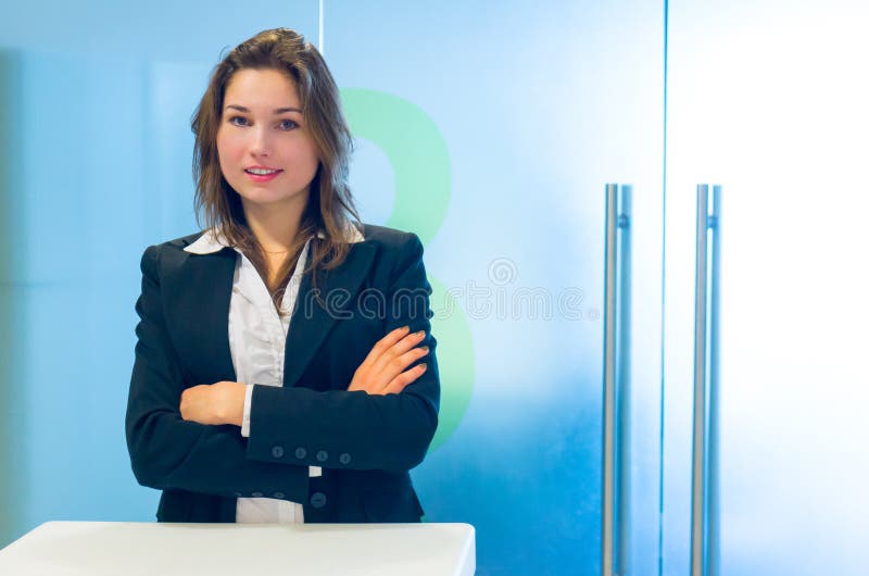 Young business woman at reception stock photos Young business woman at reception stock photos