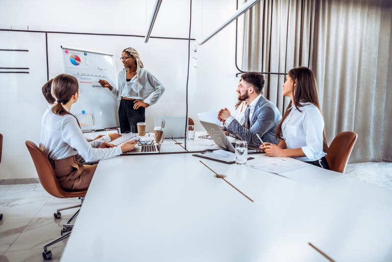 A young business woman tells her colleagues a work plan for the week. Business meeting, business meeting stock photos A young business woman tells her colleagues a work plan for the week. Business meeting, business meeting stock photos