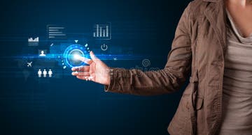 Young Business Woman Touching Future Web Technology Buttons and Stock ...