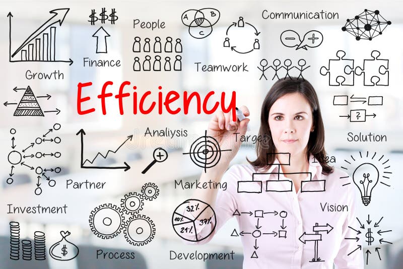 Young business woman writing concept of efficiency business process. Office background.