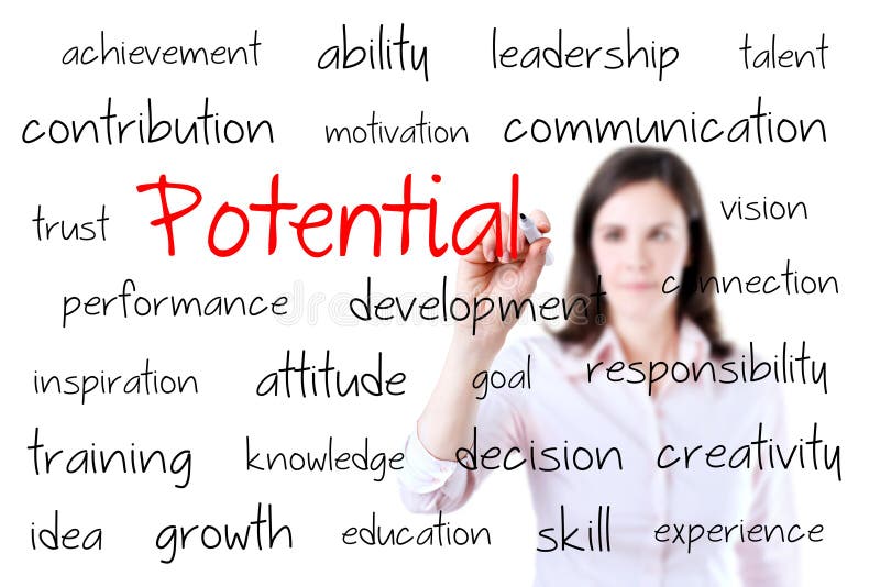 Young Business Woman Writing Potential Concept. Isolated on White