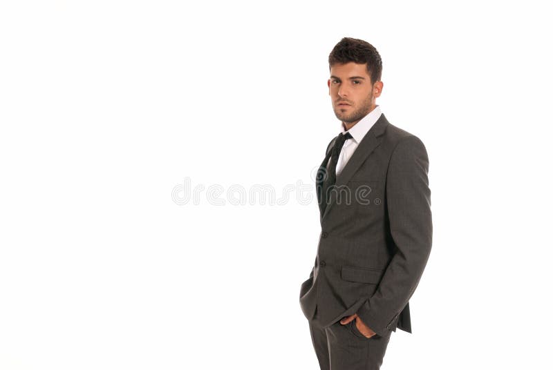 Young businessman copy-space look hands in pocket stock image Young businessman copy-space look hands in pocket stock image