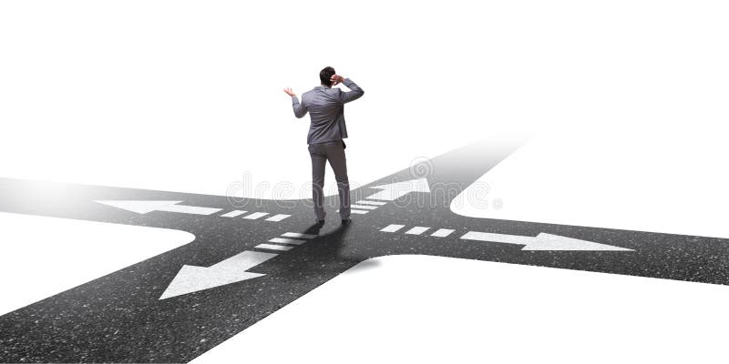 The young businessman at crossroads in uncertainty concept royalty free stock images The young businessman at crossroads in uncertainty concept royalty free stock images