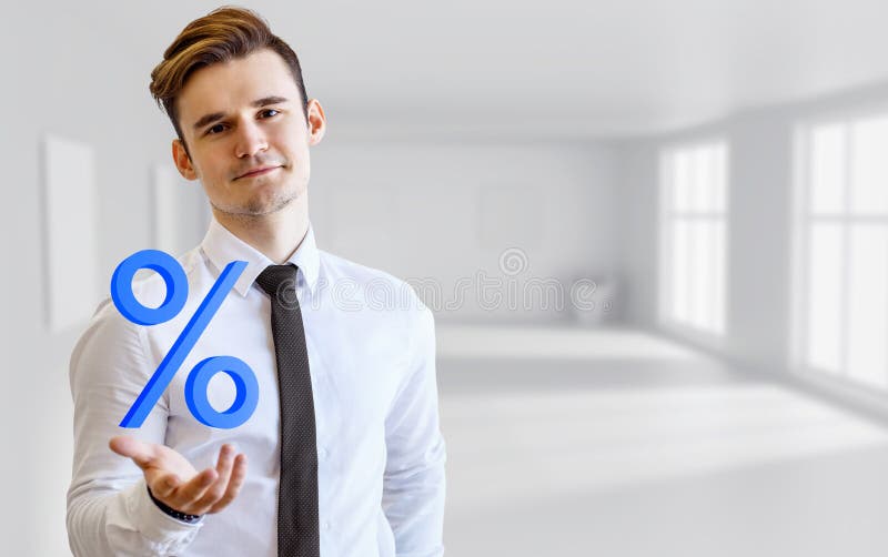 Young businessman demonstrate virtual percent. stock photo Young businessman demonstrate virtual percent. stock photo