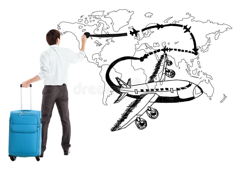 Young businessman drawing airplane and airline path on the map royalty free stock photography
