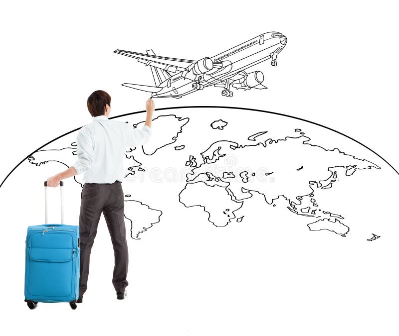 Young businessman drawing airplane and world map stock photography