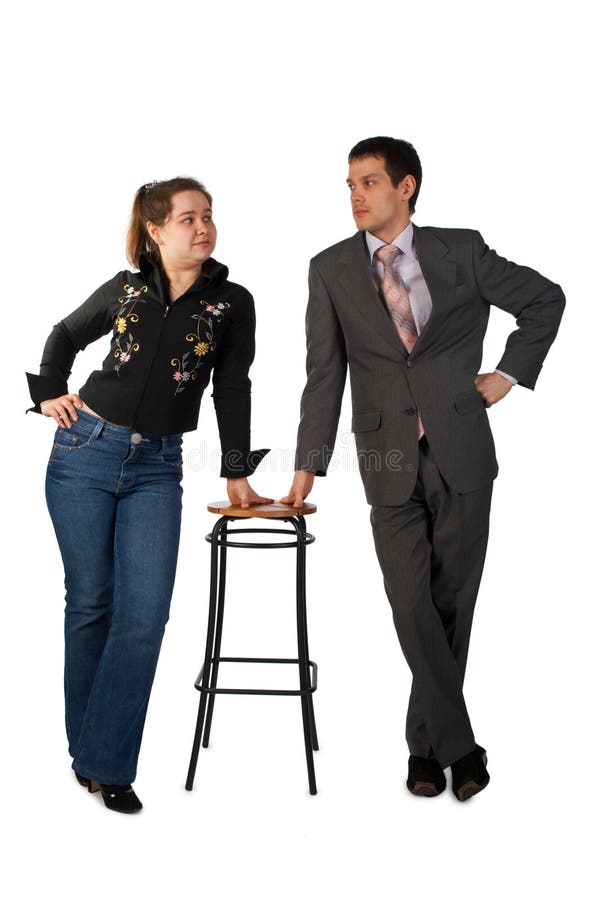 Young businessman and girl with stool