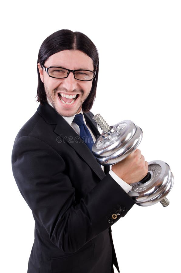 Young Businessman Holding Barbell Isolated on Stock Photo Image of