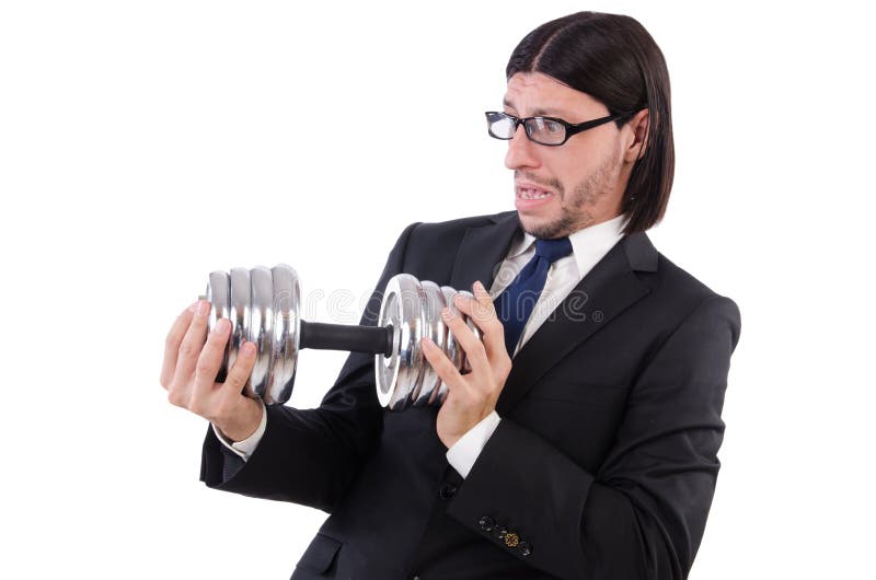 The Young Businessman Holding Barbell Isolated on Stock Image Image