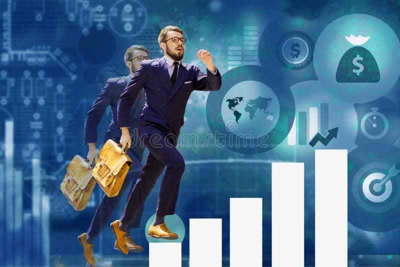 Young businessman jumping over steps of chart or graph
