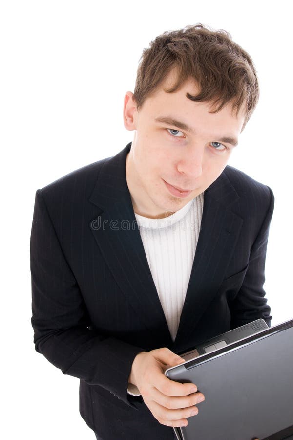 The young businessman with the laptop isolated
