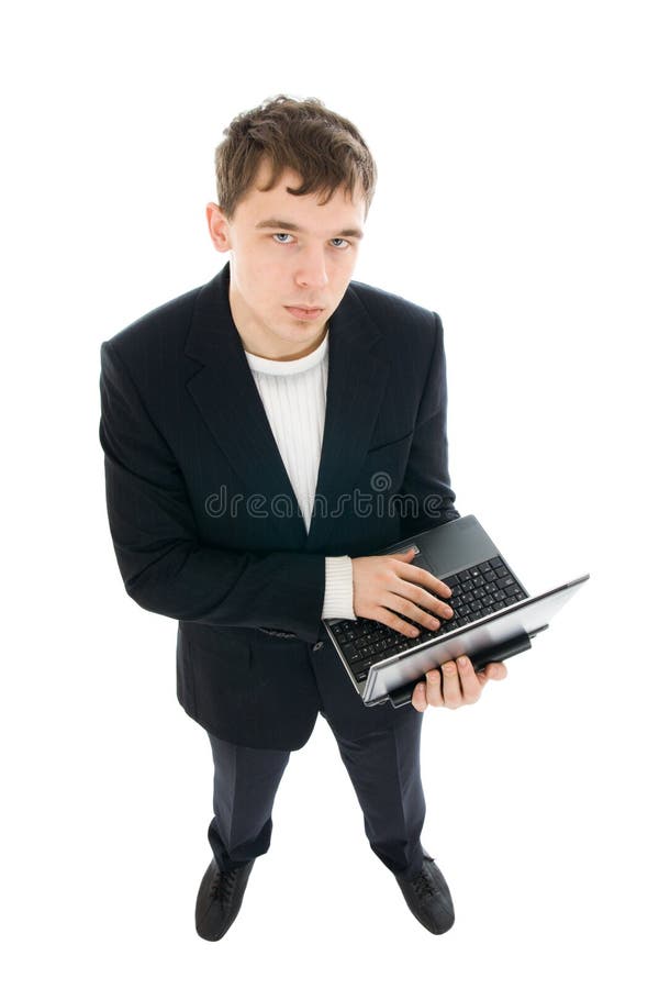 The young businessman with the laptop isolated