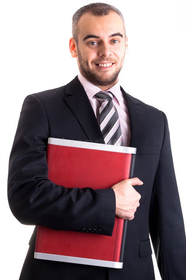 Young businessman with laptop isolated on white