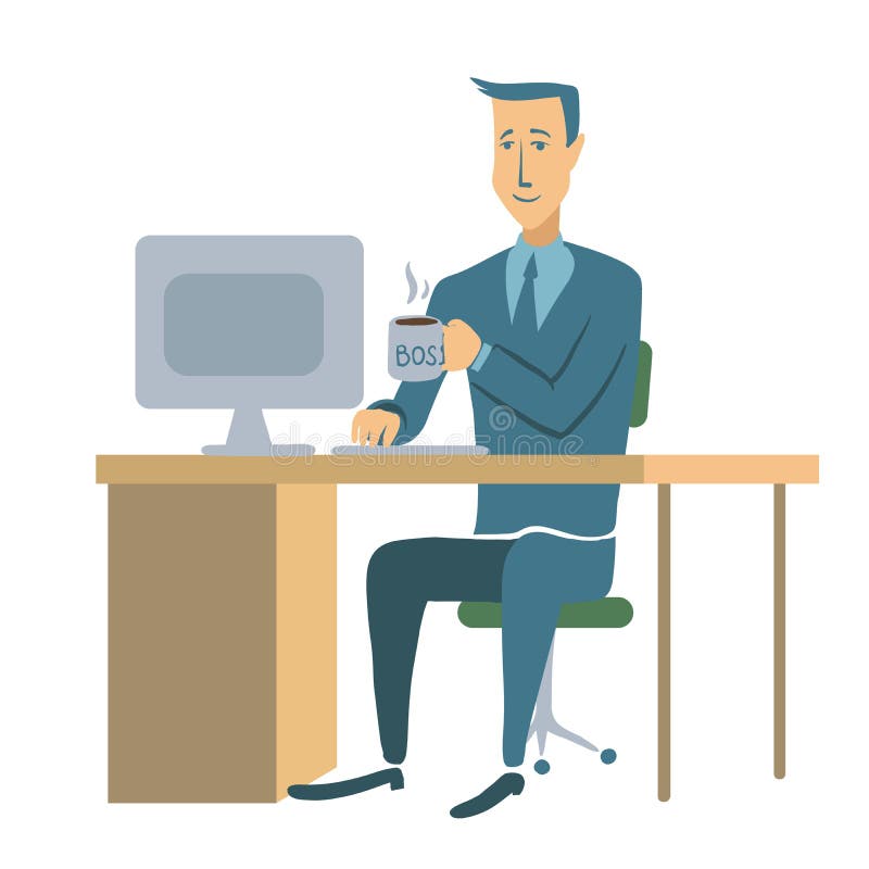 A young businessman or office worker sitting at a table and working at a computer. Man character illustration, isolated stock illustration
