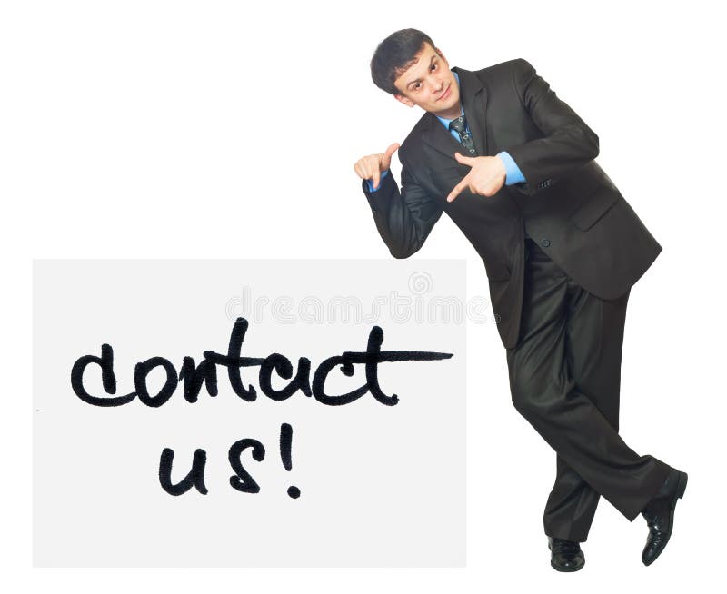 Young businessman points on a card Contact Us on a white