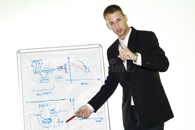 Young businessman showing something on white board